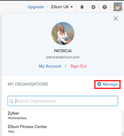 Click the manage options in Zoho Books after clicking on your organization name.