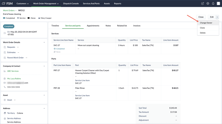 Click the work order whose owner you want to change and in the Work Order details page, click Change Owner