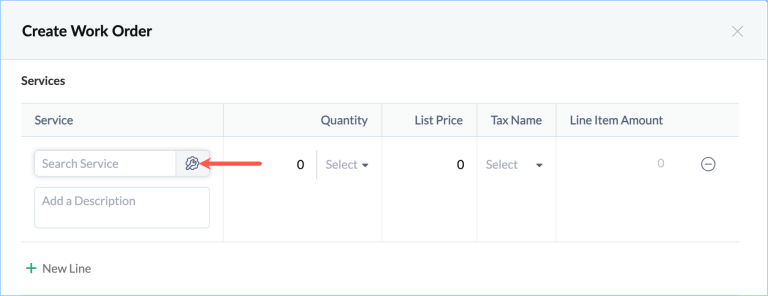 Click on the lookup field for Service and Parts line item