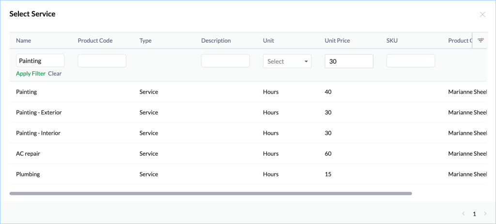 Search values and apply filter