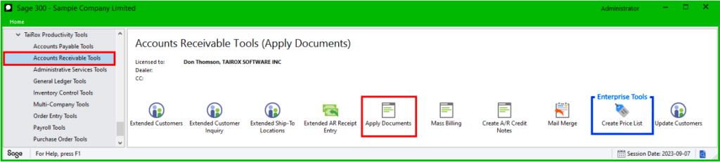 Apply Documents is located under accounts receivable tools folder