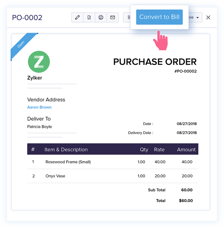 use zoho books to create a bill after a purchase order