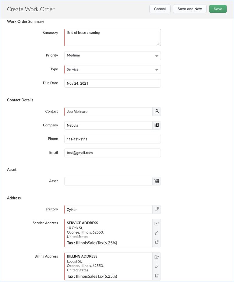 Fill out the create a work order form