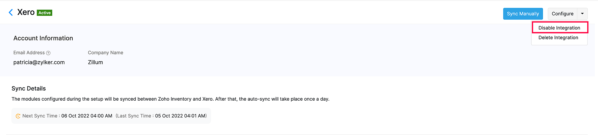 disable integration xero step 1