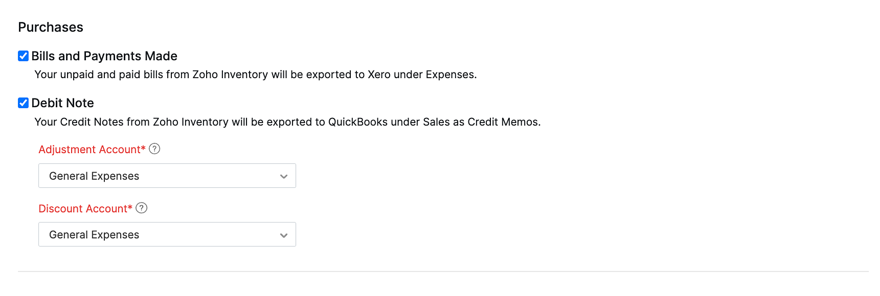 purchases setting in xero and zoho inventory integration