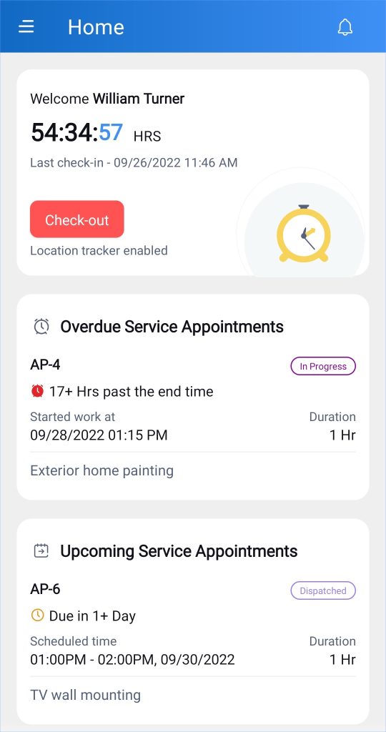 Home page for Zoho FSM mobile