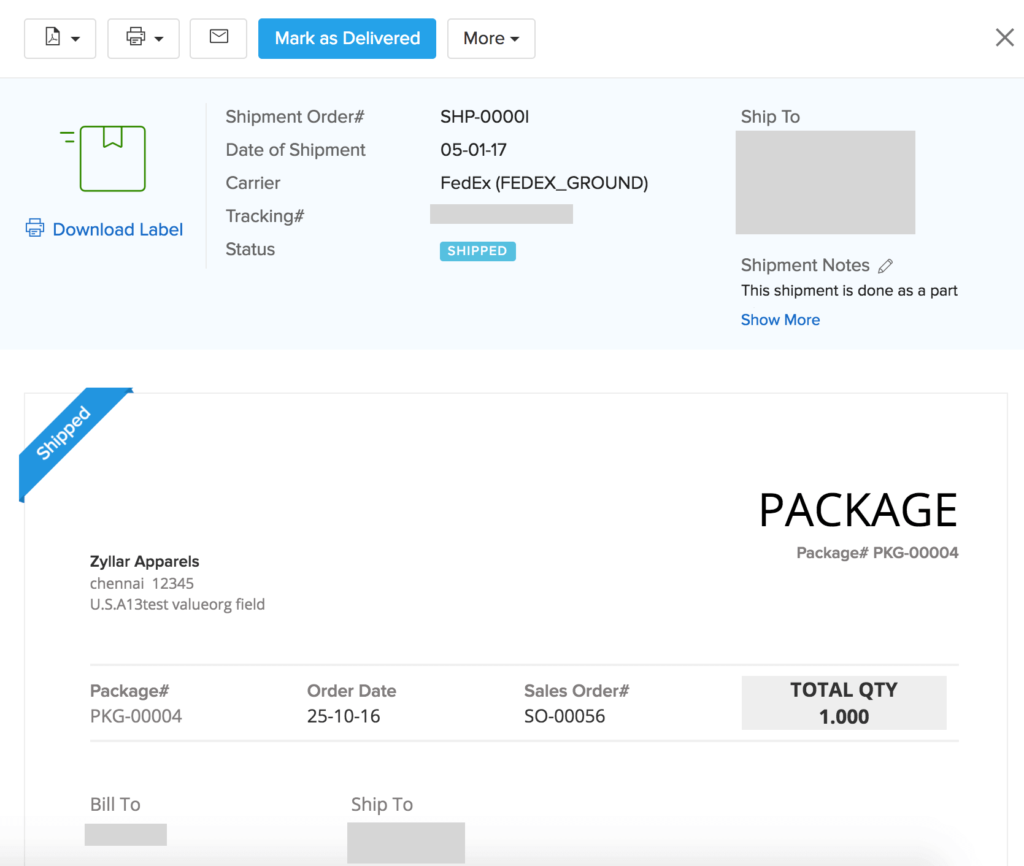 screenshot of entry shipment
