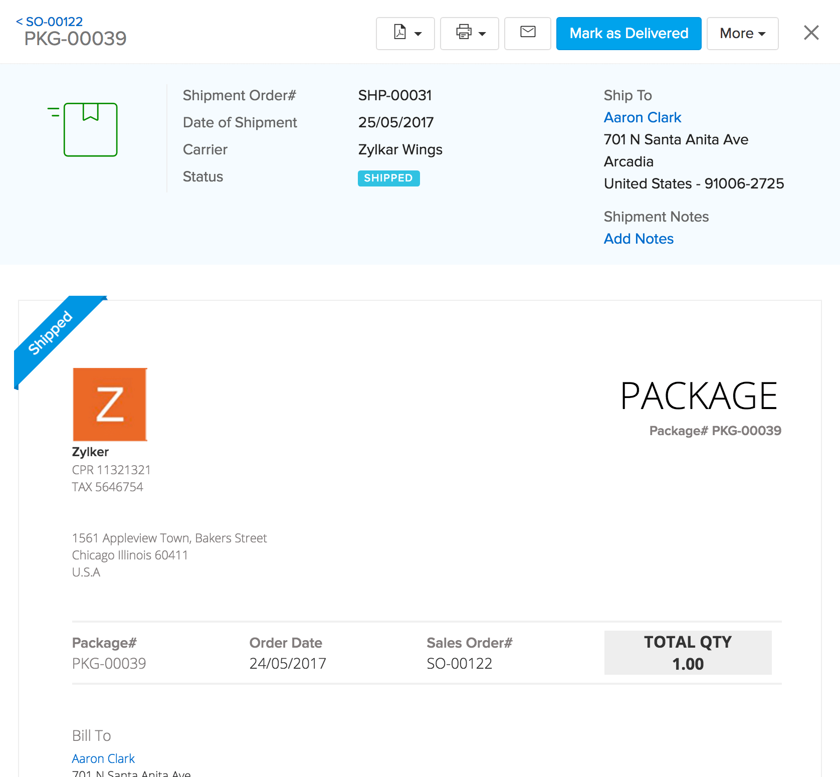 screenshot of zylker package entry