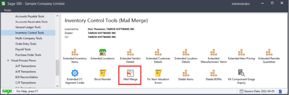 Mail Merge is located under inventory control