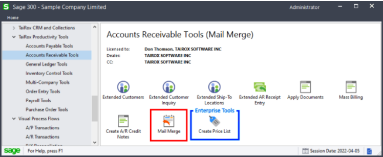 Mail Merge is located under accounts receivable