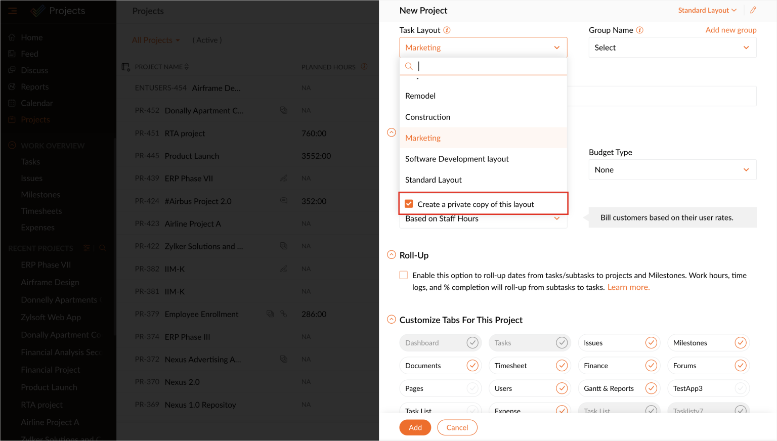 Zoho Projects - Create a Private Copy of an Existing Layout