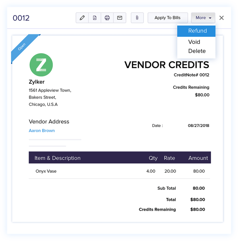 Record vendor credits with Zoho Books