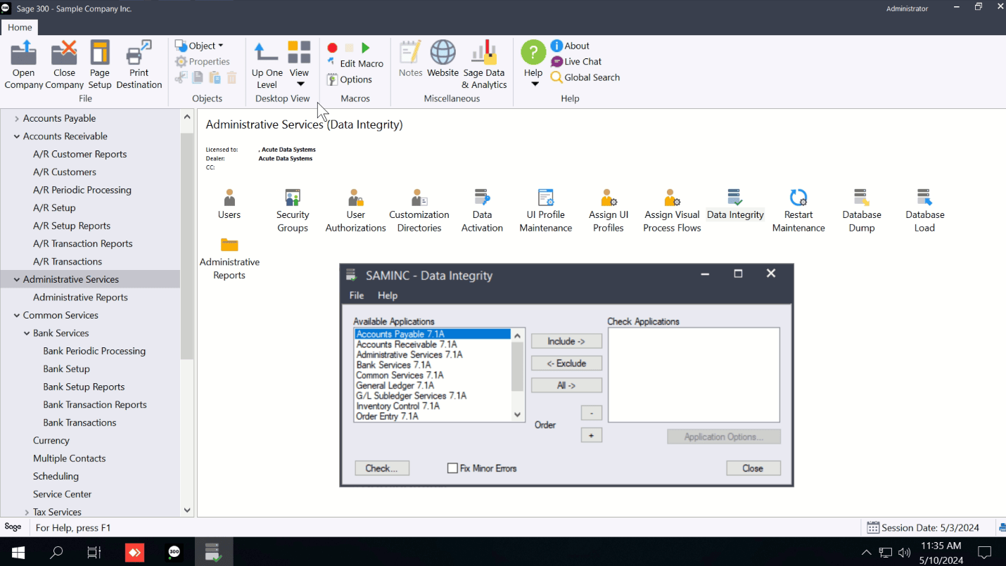 Run Sage 300 Data Integrity Check