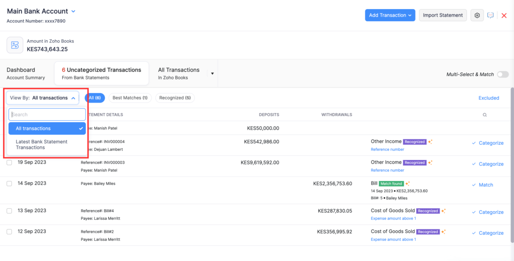 view by filter match categorize