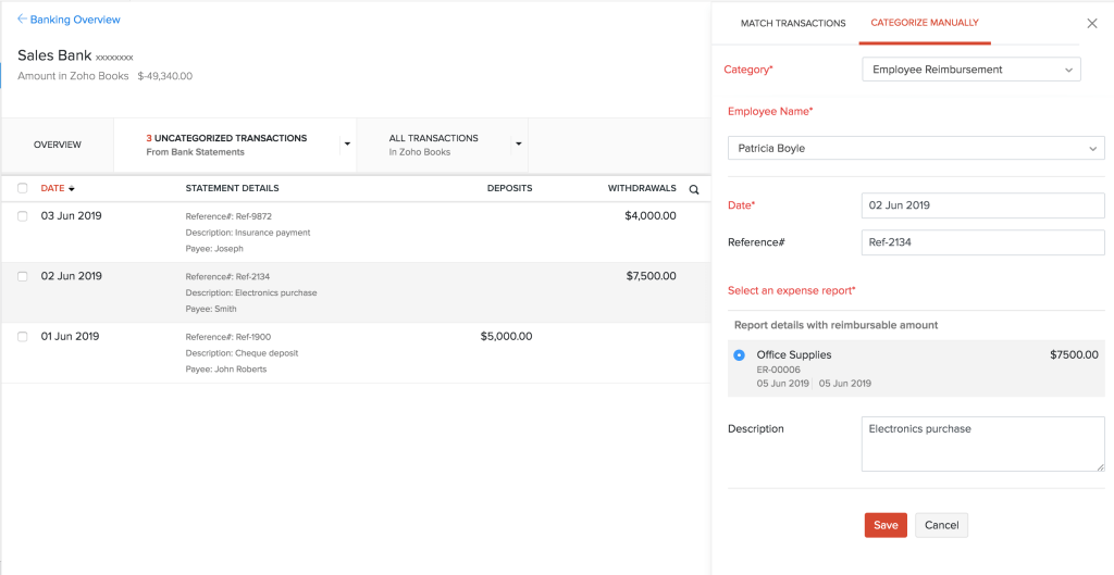categorize manually in zoho expense integration